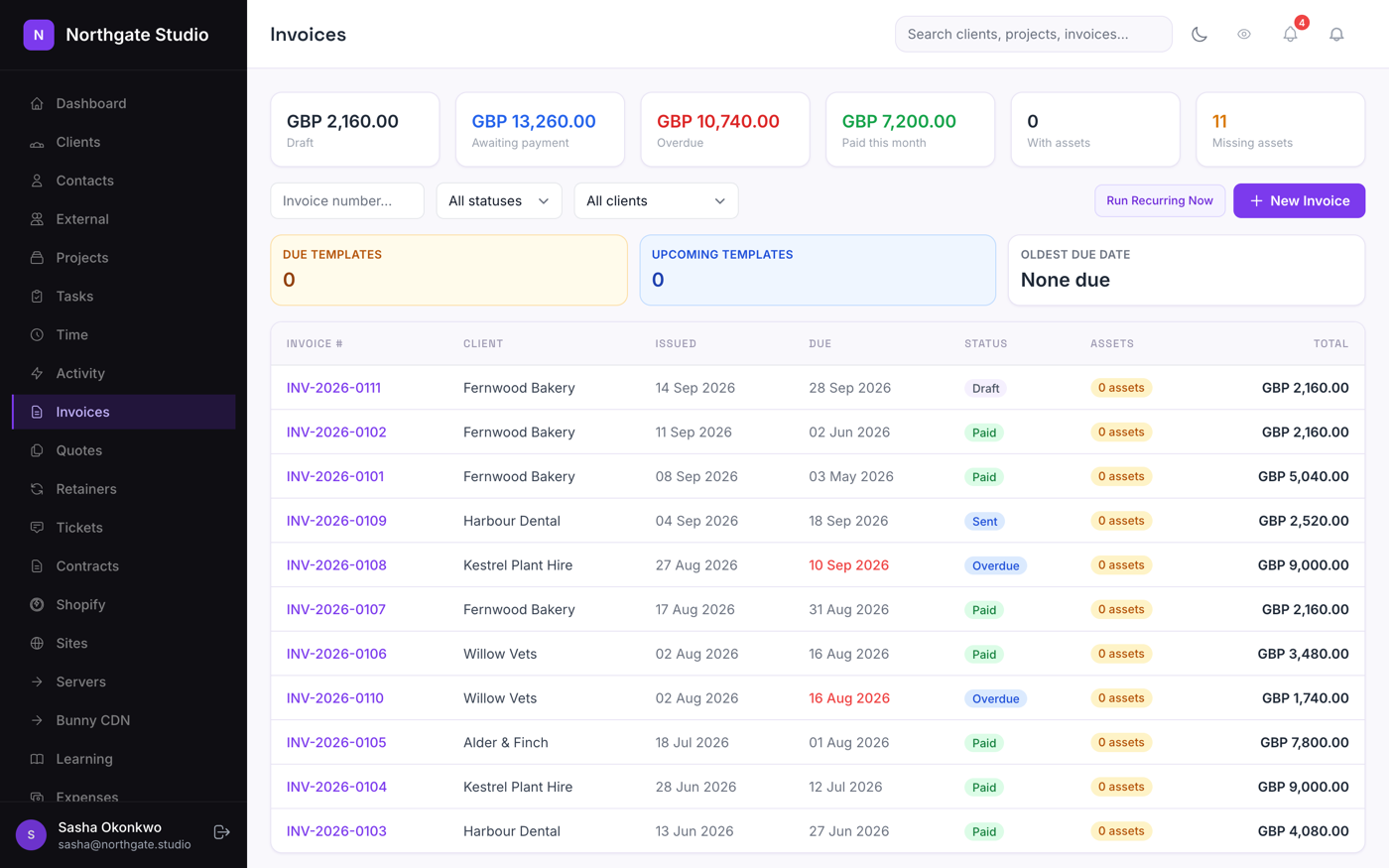 The invoice list in Marque, showing invoice numbers, clients, totals, status and due dates.